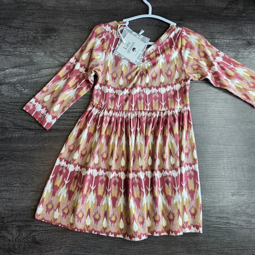 Kate Quinn Bamboo Collection Ikat Long Sleeve Dress Red Yellow 12-18M NWT